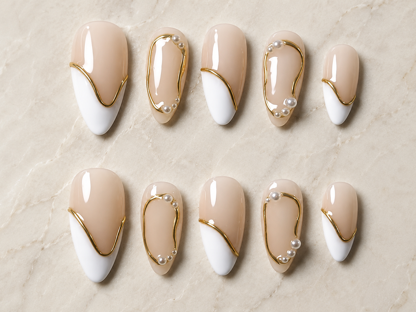 Elegant Nude & White Press-On Nails with Gold Accents