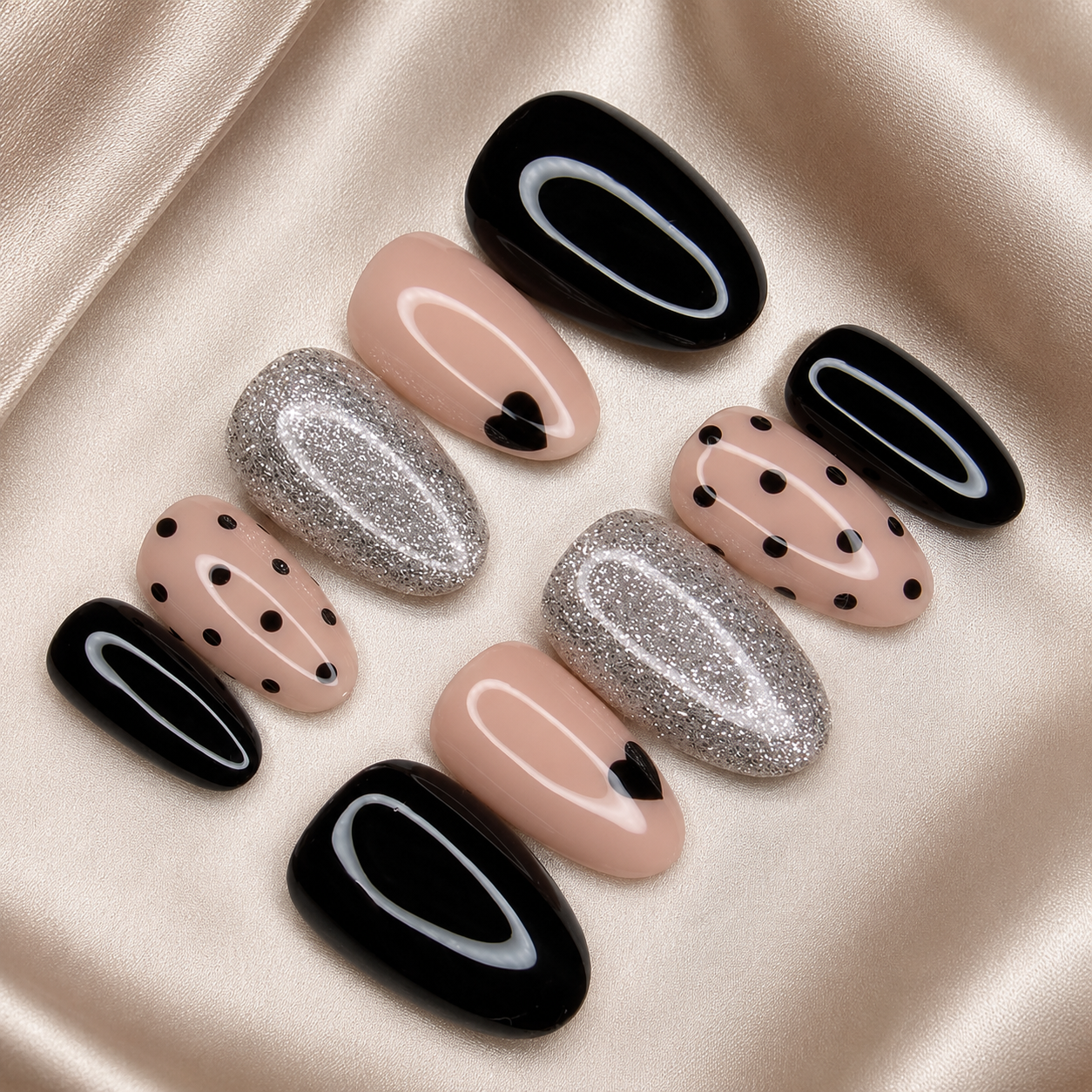 Elegant Black & Nude Glitter Press-On Nails