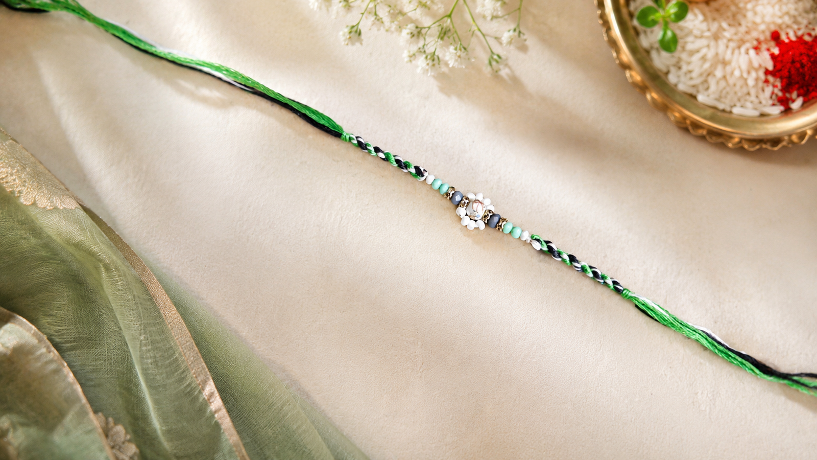 Elegant Green & Grey Beaded Designer Rakhi